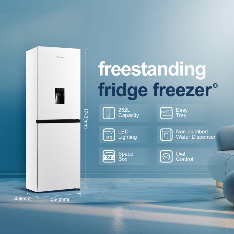 Fridgemaster MC55240DE Freestanding Fridge Freezer with Water Dispenser, 252 L – White Fridgemaster MC55240DE Freestanding Fridge Freezer with Water Dispenser, 252 L – White