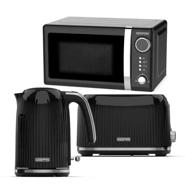 Set Hervidor, Tostadora y Microondas Geepas Fluted negro 1,7 L y 20 L